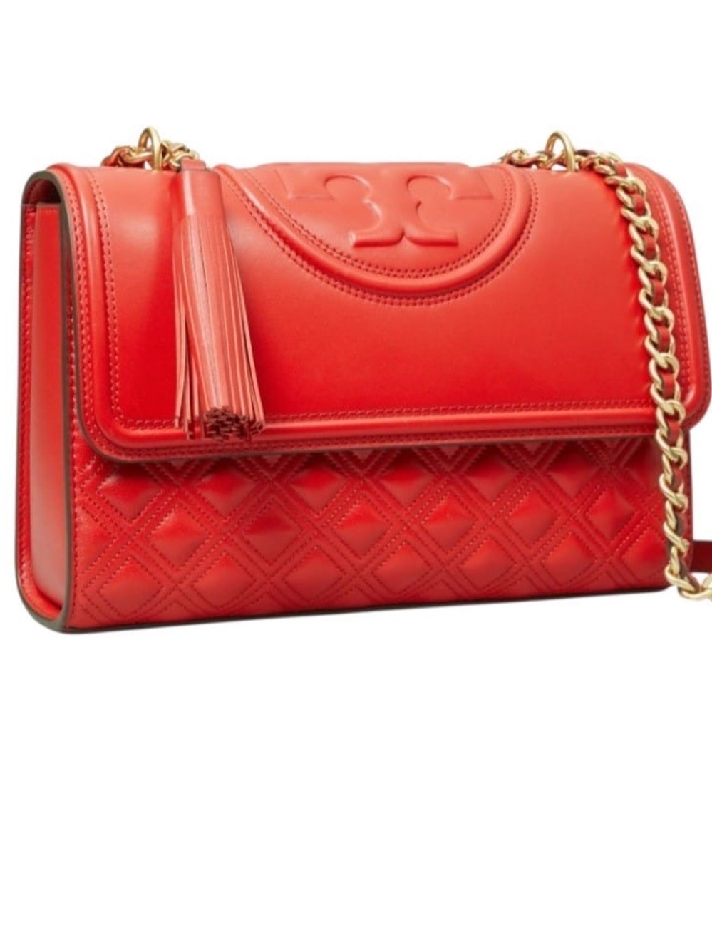 Tory Burch Coral-Red Quilted Leather Crossbody with Gold Chain and Tassel